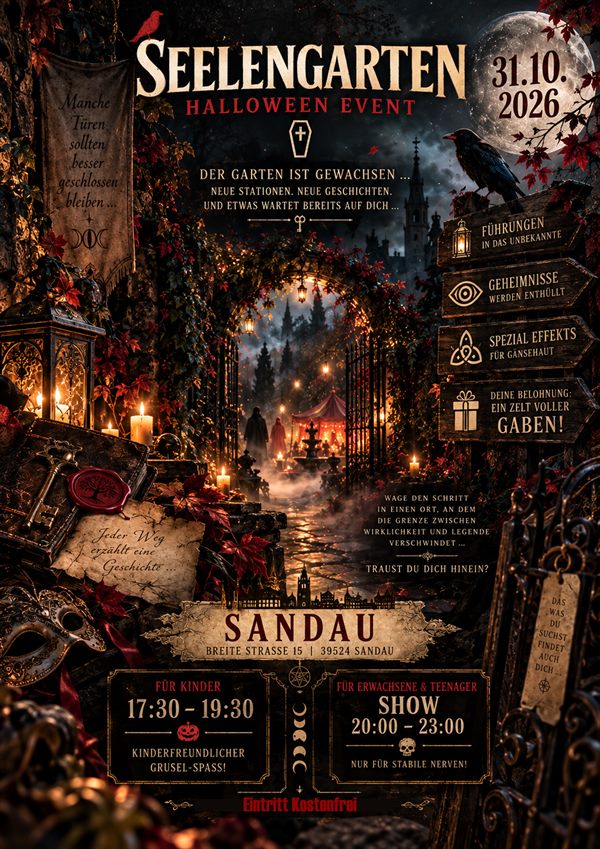 Plakat: Seelengarten Halloween Event, 31.10.2026, Breite Straße 15, 39524 Sandau. Für Kinder 17:30 bis 19:30 Uhr, für Erwachsene und Teenager Show 20:00 bis 23:00 Uhr. Eintritt kostenfrei.